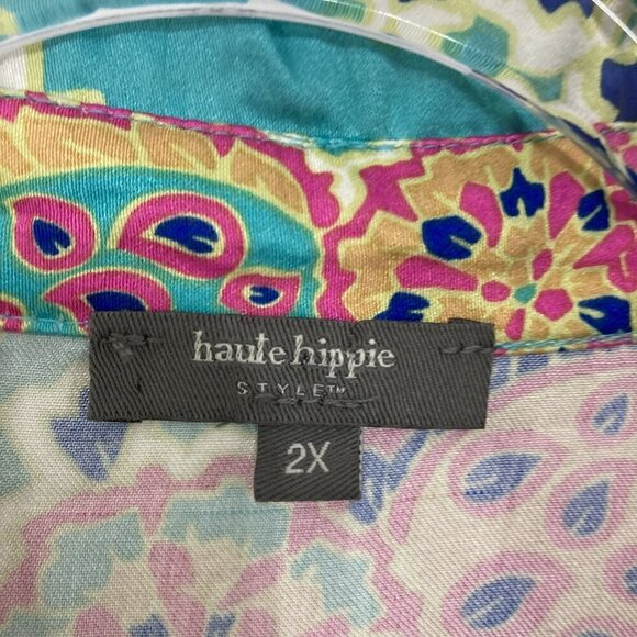 Haute Hippie size 2X Colorful Artsy Boho Print Soft Long Sleeve Button Down - Picture 2 of 12